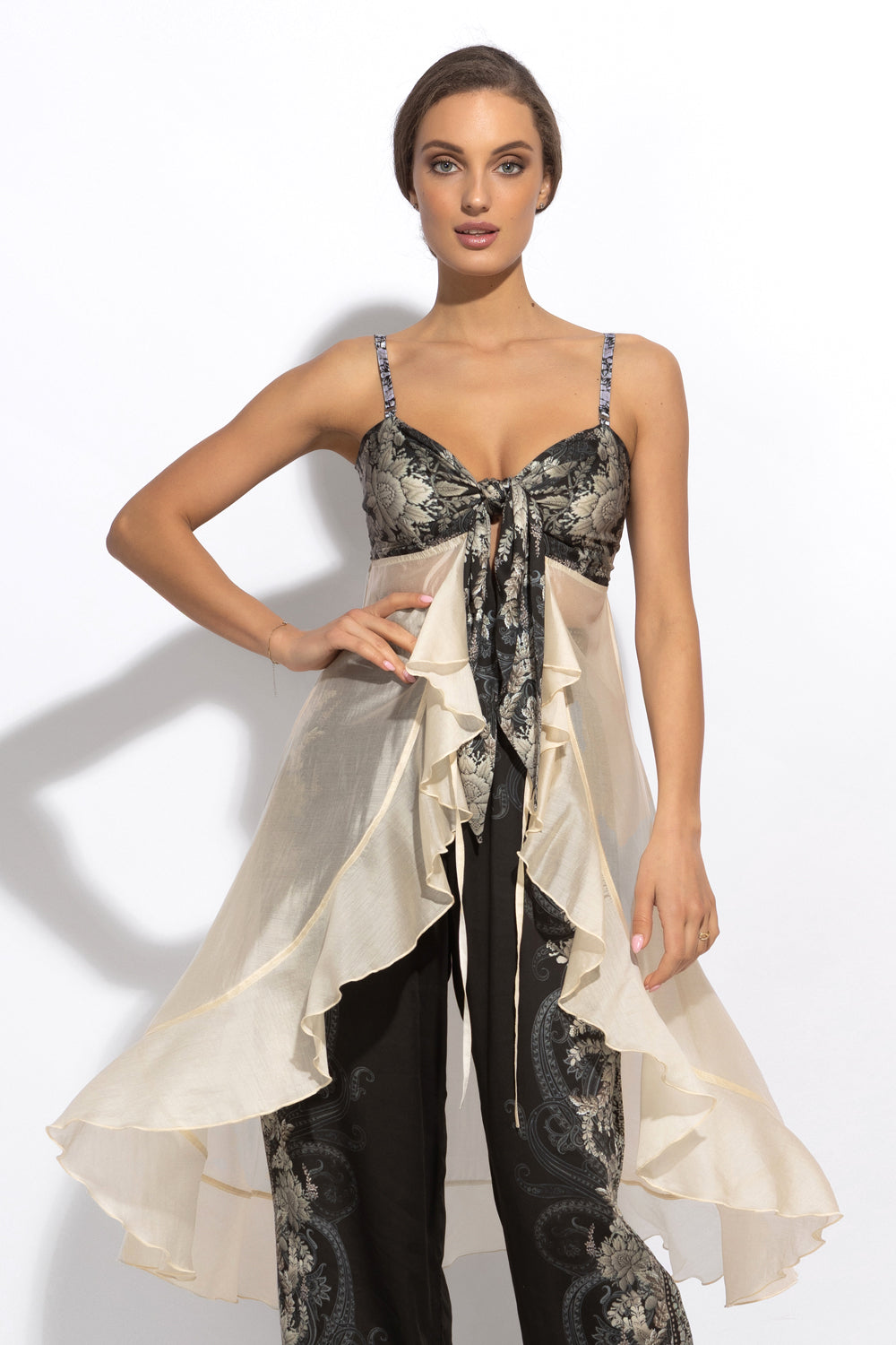 LYOCELl AND VISCOSE LONG RUFFLED TUNIC - FROZEN LOTUS
